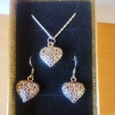 Sterling Silver Filigree Heart Pendant Necklace And Matching Earring Set.