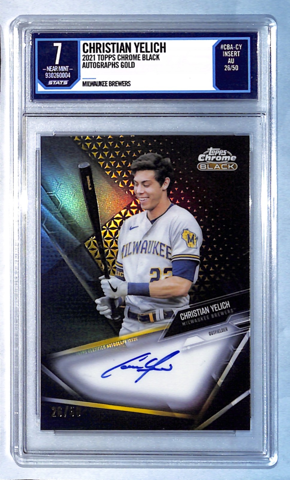 2021 Topps Chrome Black Christian Yelich Gold Auto /50 Stats 7 Auto 10 0598 view 1