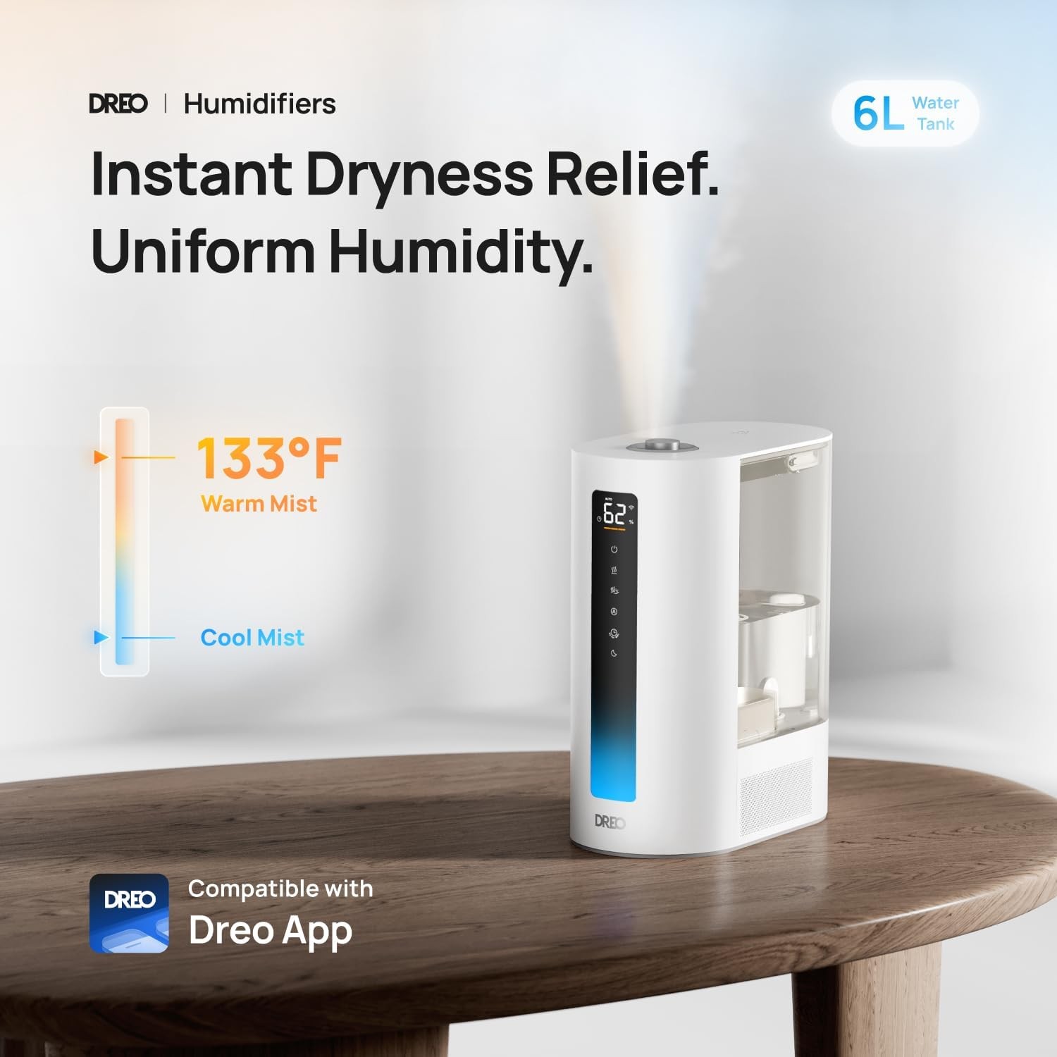 Dreo 6L Humidifiers for Bedroom, Smart Warm & Cool Mist Large Room, Grey
