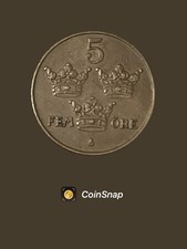 1941 Sweden 5 Ore Gustaf V Bronze Coin