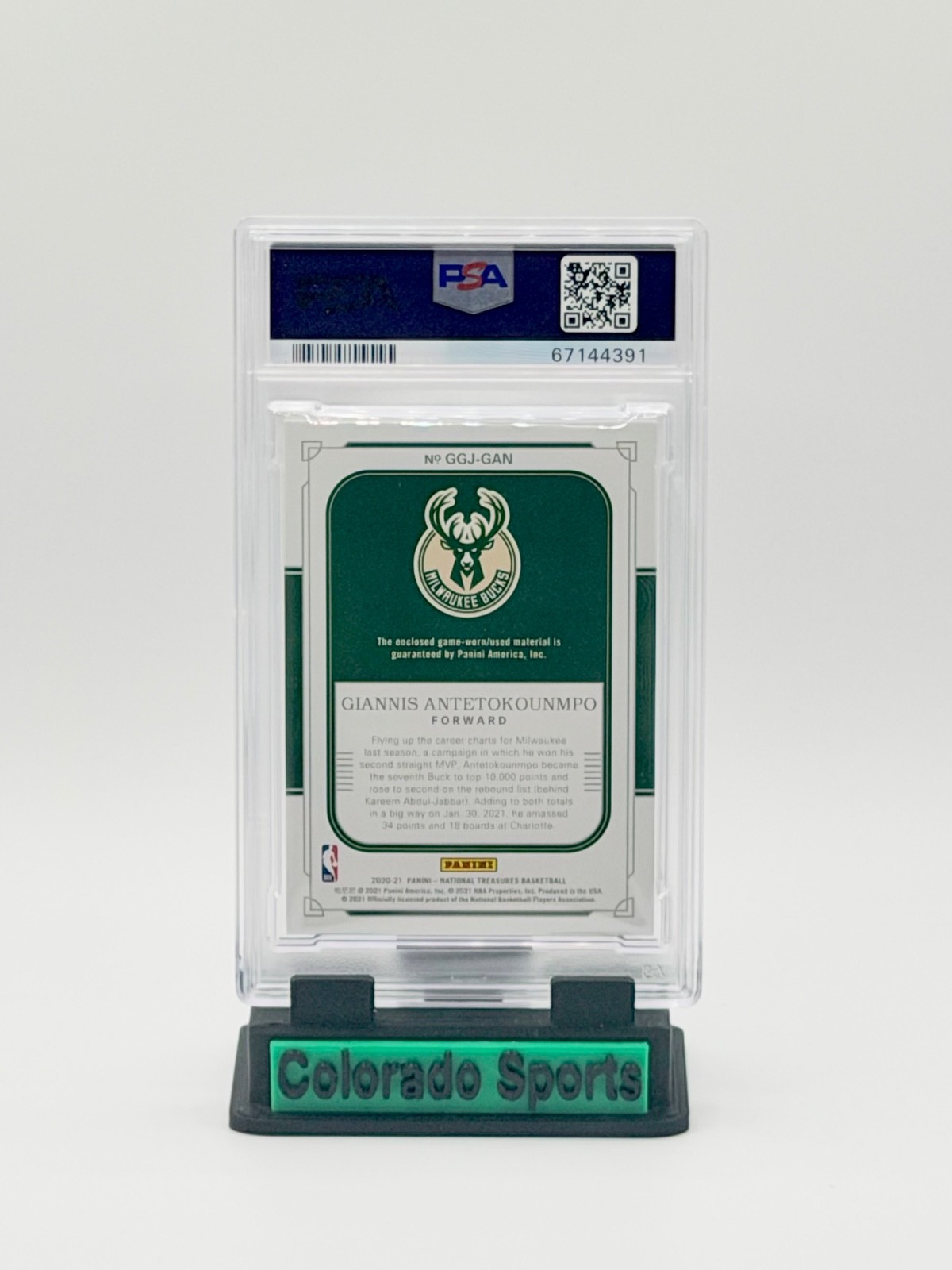 GIANNIS ANTETOKOUNMPO 2020 National Treasures Game-Worn Patch Prime 06/10 PSA 9 view 2
