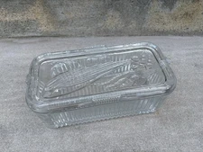 1940s Federal Glass Refrigerator Dish & Lid Embossed Vegetables Ribbed Clear