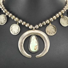 Native American Buffalo Nickles Squash Blossom Sterling Silver Necklace