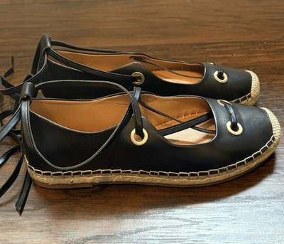 Crown Vintage Leyla Espadrille Flats In Black Leather, Size US 10