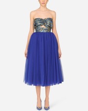 DOLCE & GABBANA Blue Strapless Bustier Brocade Tulle Sheer Panel Dress 46  8  10