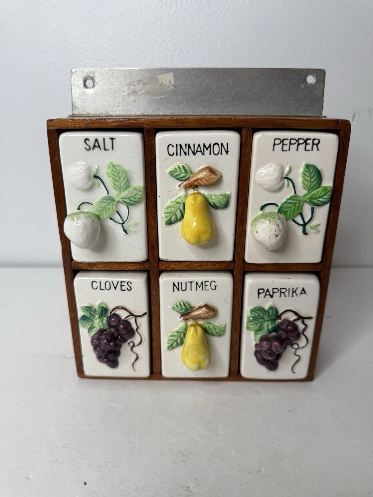 Vintage Japan Medium Spice Rack Fruit Handles Wooden Ceramic Holder 6 Spices