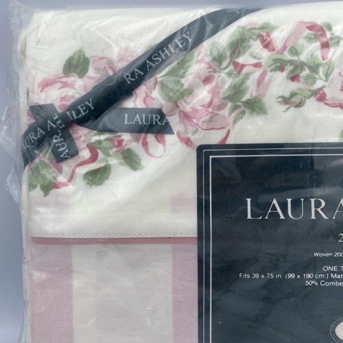 VTG LAURA ASHLEY Country Roses Twin Flat Sheet Pink Strp Floral Set 3 Pieces NOS - Picture 3 of 8
