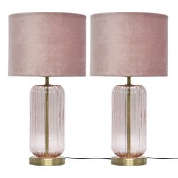 Set of 2 Ribbed Glass 49cm Table Lamps Bedside Lights Antique Brass Pink Velvet