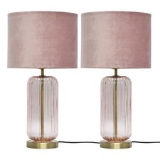 Set of 2 Ribbed Glass 49cm Table Lamps Bedside Lights Antique Brass Pink Velvet