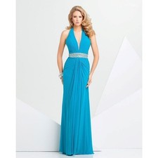CLEARANCE WAS $413 Tony Bowls Paris Jersey Halter Gown 115711 Teal Size 14