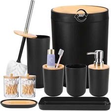 9Pcs Black Bathroom Accessories Set with Trash Can Bathroom Set Black Bathroo...