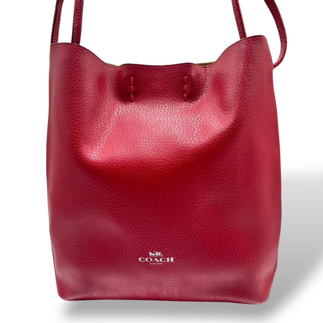 Coach Leather Crossbody Shoulder Bag in Red with Drawstring F58661