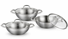 Set 6 Pezzi Wok Acciaio Inox 26cm 28cm 32cm Pentole Profonde con Coperchi Durevoli
