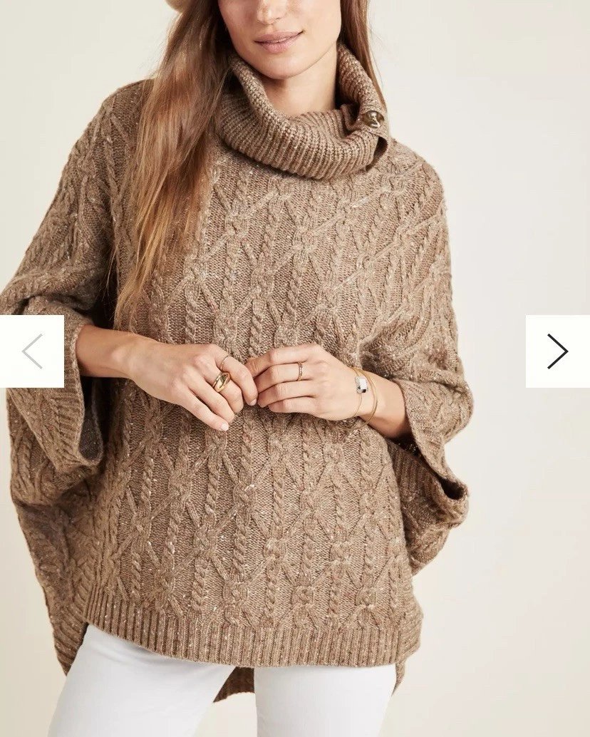 Anthropologie Corinne Cable Knit Poncho Sweater Top Taupe Tan Beige Size S