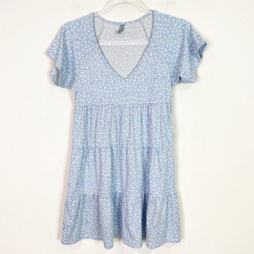 SKY AND SPARROW BLUE FLORAL SHORT SLEEVE BABY DOLL DRESS SZ XS