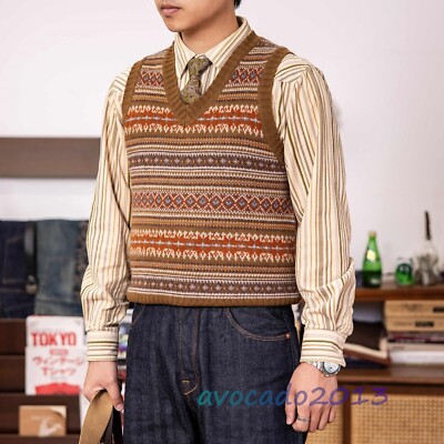 Red Tornado Men's Winter Warm Fel Island Wool Vest Vintage Knitted Waistcoat