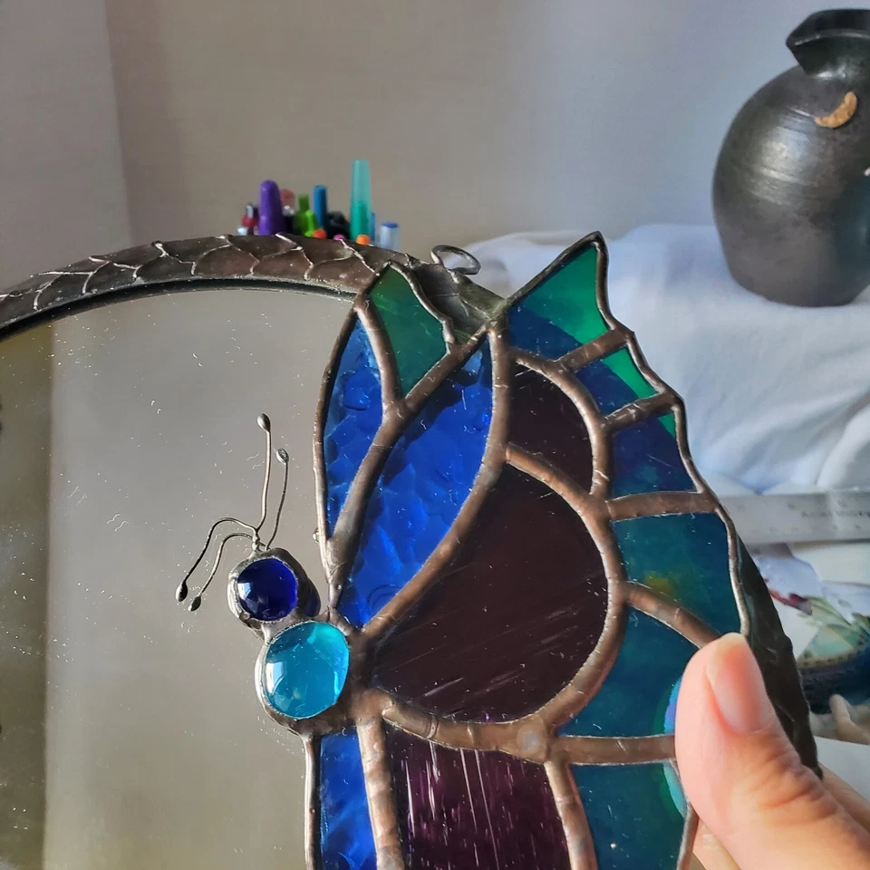 Espejo redondo vitral mariposa único en su clase bronce cobre Foto 4 de 4