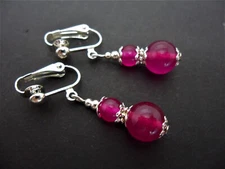 A PAIR OF FUCHIA BRIGHT PINK JADE DANGLY  CLIP ON  EARRINGS. NEW.