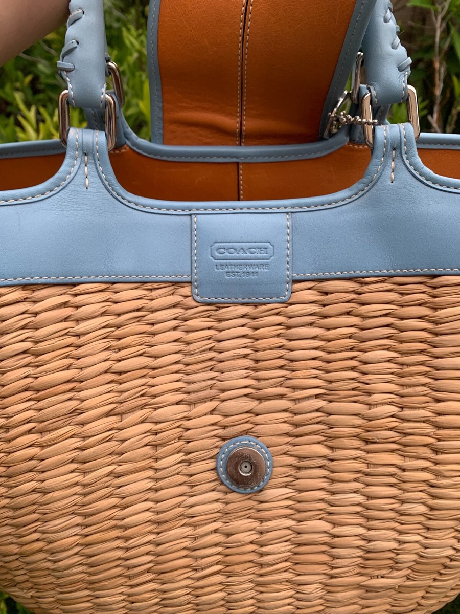 Vintage Coach Natural Straw Basket Tote Blue Silver #M2K-6778
