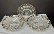Vintage Jeanette Depression Glass Bowls Thumbprint Gold Accent 5 inch  Set of 3