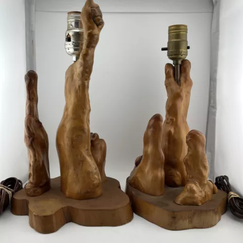 Vintage Pair Mid Century Modern Cypress Knee Wood Table Lamps 12” High