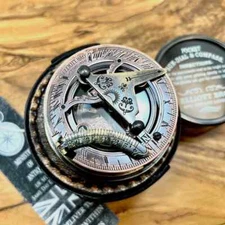 Sundial Calendar Pocket Compass With Leather Case Vintage Nautical Compass Push