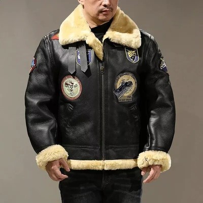 Men's B3 Bomber Aviator Jacket Real Fue Soft Sheepskin Leather Shearling Jacket