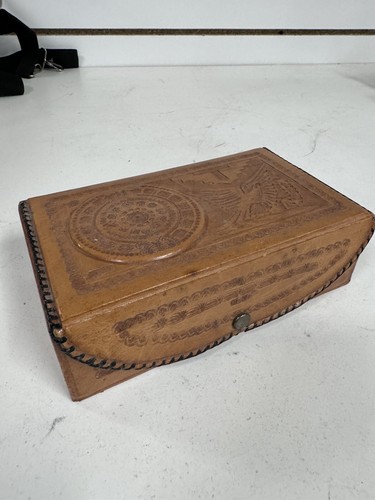 Vintage Tooled Leather Covered Jewelry Trinket Box Mexico Indian BHN