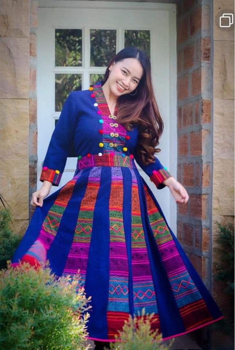 hmong green dress hand-made pattern dressApplied cloth Candle writing Hilltribe WDW5056