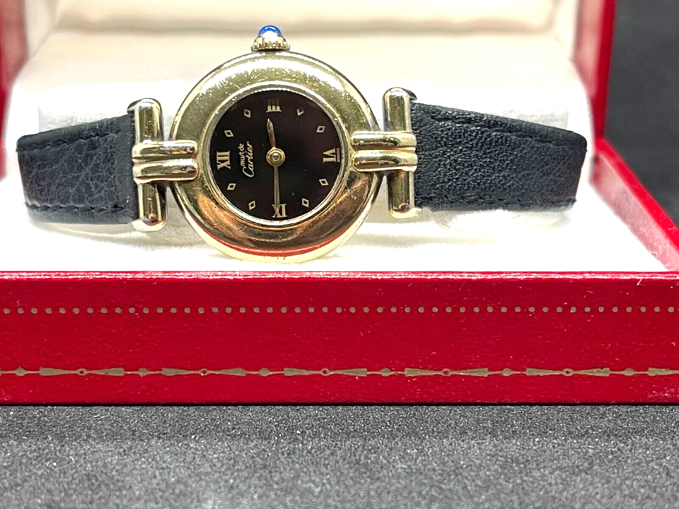 Vintage Cartier Must Colisee Vermeil Black Face 590002 SV925 Qz Ladies