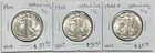 Set of 3 U.S. Walking Liberty Silver Half Dollars 1941, 1944, 1944 D