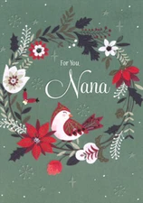 Vine Wreath with Poinsettias and White Flowers on Green Nana Christmas Card