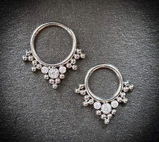 1pc Solid Titanium 3 Gems & Beads Hinged Segment Ring Helix Septum Clicker