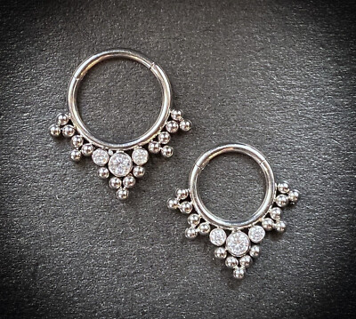 1pc Solid Titanium 3 Gems & Beads Hinged Segment Ring Helix Septum Clicker