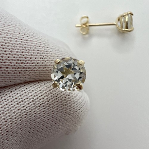 NATURAL White Topaz Round Cut 1.15ct 9k Yellow Gold Stud Earrings 5mm - Picture 5 of 5