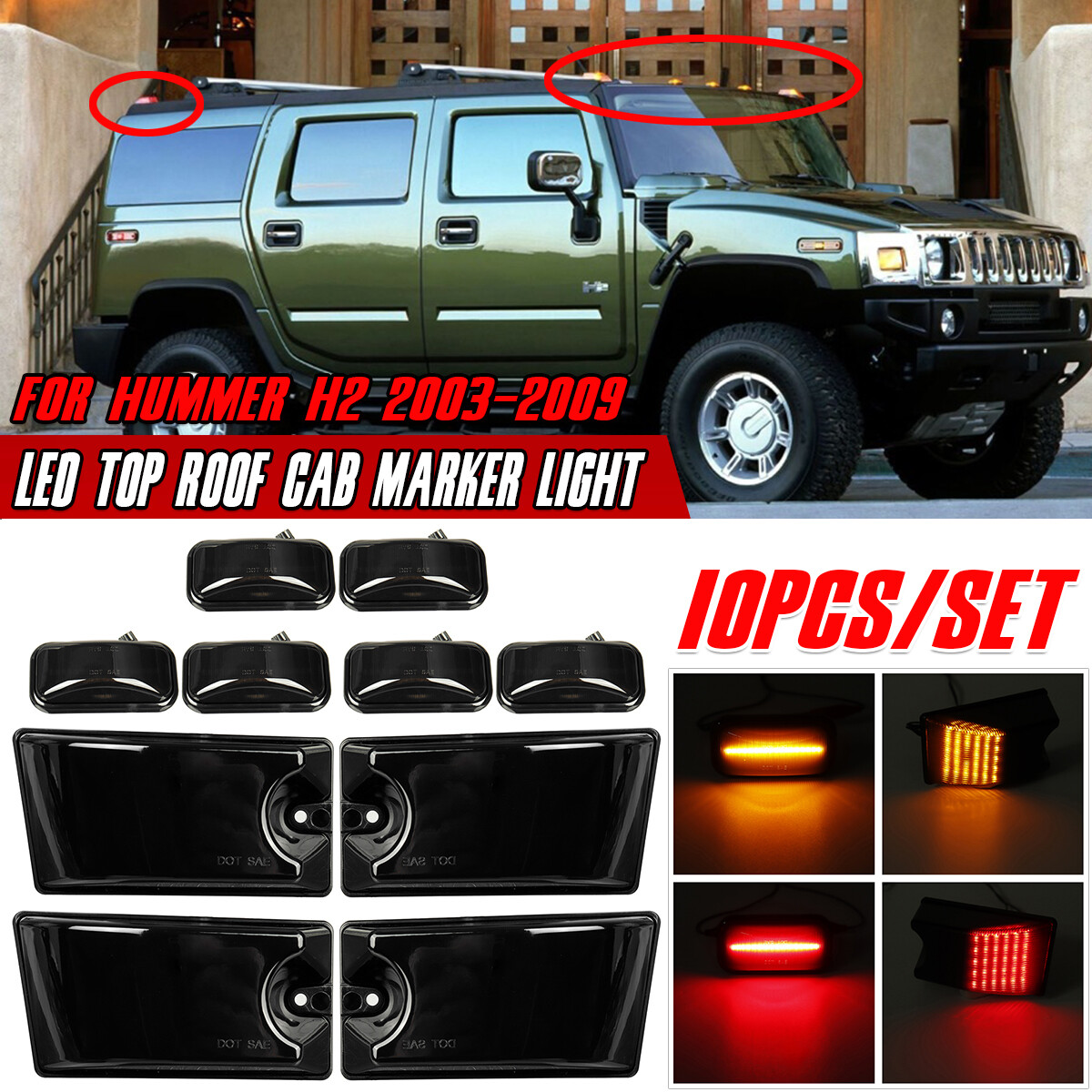 Linterna Hummer 10pc Roof Lamp Set DTMOTO For 2003-2009 Hummer H2 Smoked Lens Roof Cab ...