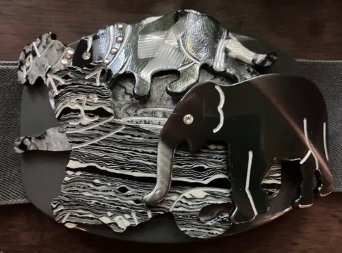 UNUSUAL&BEAUTIFUL, EXOTIC ANIMALS LG ACRYLIC BUCKLE ON GREY STRETCH BELT SZ SM. - Picture 4 of 10