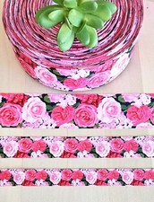 5/8, 7/8  1.5" 1 YD Pink Rose Grosgrain Ribbon Roses Condolence Mother's Day