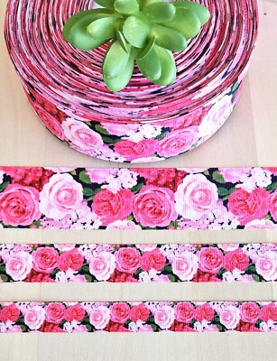 5/8, 7/8 & 1.5'' (1 YD) Pink Rose Grosgrain Ribbon Roses Condolence Mother's Day