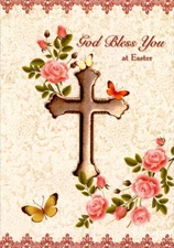 Cross, Pink Flowers and Butterflies - Designer Greetings Religious Easter Card