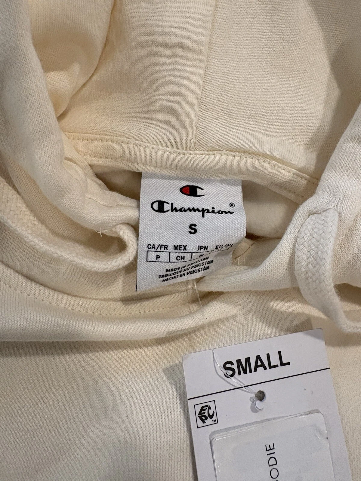 VETEMENTS Felpa Champion Classic pile con cappuccio colore crema chiaro uomo taglia small con tasca frontale nuova con etichetta