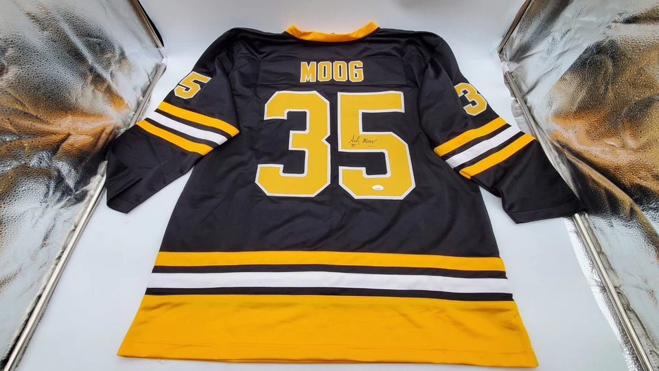 Camiseta deportiva de hockey negra firmada por Andy Moog Boston Bruins # 35 XL certificado de autenticidad J.S.A Foto 2 de 4
