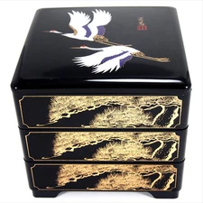 Japanese Stack Lunch Bento Box Black Lacquered 3-Tier Flying Crane Made in Japan