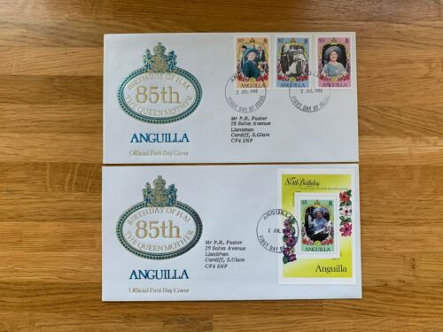 ANGUILLA 1985 FDC x 2 QUEEN MOTHER 85TH BIRTHDAY ROYALTY & MINISHEET - Picture 1 of 1