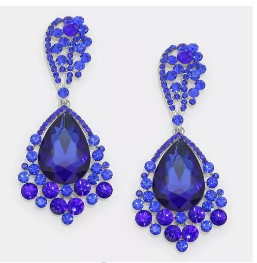 Big Silver Royal Blue Dangle Rhinestone Crystal Pageant Earrings | eBay