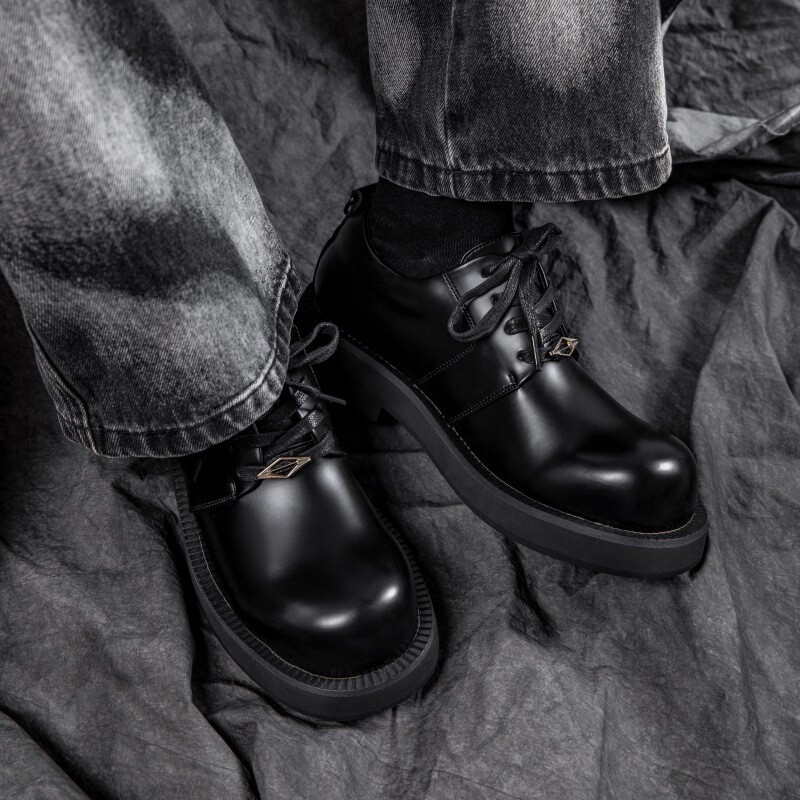 Black Mens Thick Sole Round Big Toe Shoes Lace Up Fashion Oxfords 