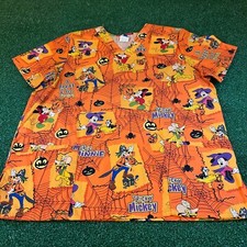 Disney Halloween Scrub Top Tricky Mickey Mouse Shirt Orange Adult Large