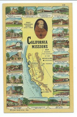 Postcard California Missions Map Multiple Views Curt Teich Spanish FB1.