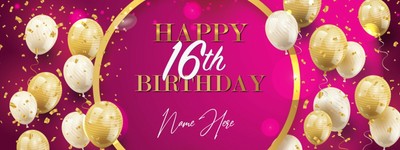 Sweet 16 Birthday Banner Gold Balloon Pink Background Personalized