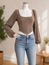 Abercrombie Fitch Taupe Corset Crop Top Puff Sleeve Smocked Back Women S